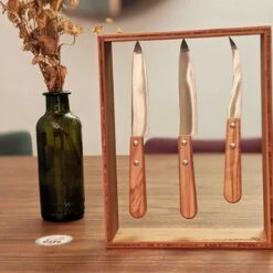 Lot De 3 Couteaux Et Support Aimanté En Bambou