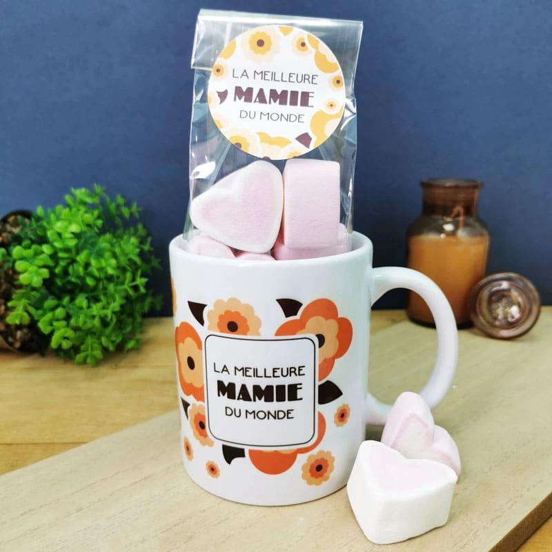 Mug "La Meilleure Mamie Du Monde" Et Ses Guimauves Coeurs X10 - Cadeau Mamie